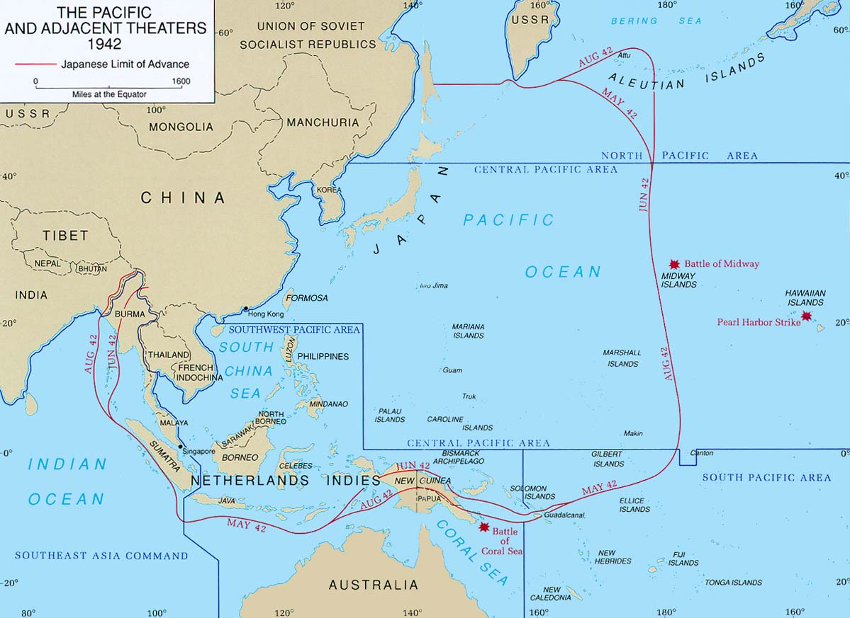 Japán ellenőrzés alatt lévő területek a Csendes-óceán nyugati részén 1942 májusa és augusztusa között