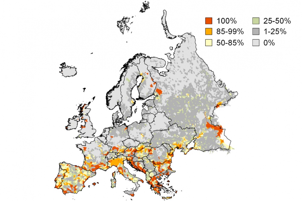 1. ábra. Európai vízgyűjtők természetvédelmi prioritása az édesvízi biodiverzitás megőrzése szempontjából. A százalékos értékek azt mutatják, hogy az elemzés 1000 futtatása során az adott vízgyűjtő az esetek hány százalékában adódott prioritás-területnek. Forrás: Carrizo et al. 2017 1. ábra. Európai vízgyűjtők természetvédelmi prioritása az édesvízi biodiverzitás megőrzése szempontjából. A százalékos értékek azt mutatják, hogy az elemzés 1000 futtatása során az adott vízgyűjtő az esetek hány százalékában adódott prioritás-területnek. Forrás: Carrizo et al. 2017